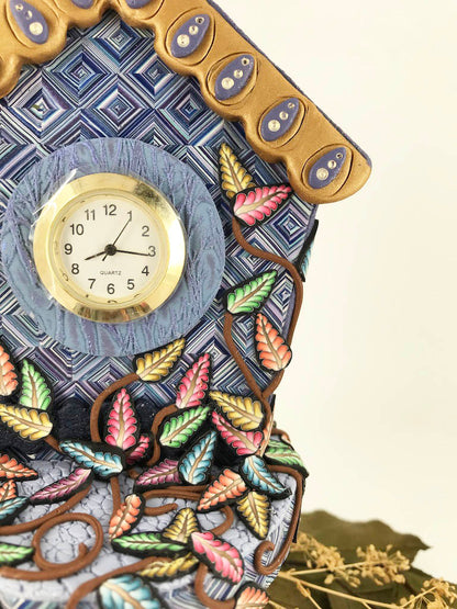 Time Flies Cupcake Stand Desk Clock handmade with Polymer Clay by Linda Stiles Smith of NatureScapes Studio. Front detailed view. Gift ideas for women.