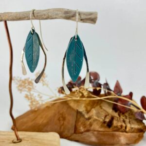 Blue Leaf Earrings with Silver Accent Wires